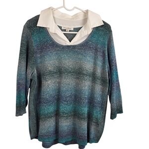 Studio Works Woman 1X Layered Look Sweater Blue Teal White Collared Knit Top